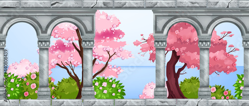 Stone arch vector architecture colonnade seamless background, marble palace pillars, spring garden. Ancient roman column, green bushes, flowers, blossom sakura. Stone arch temple facade illustration