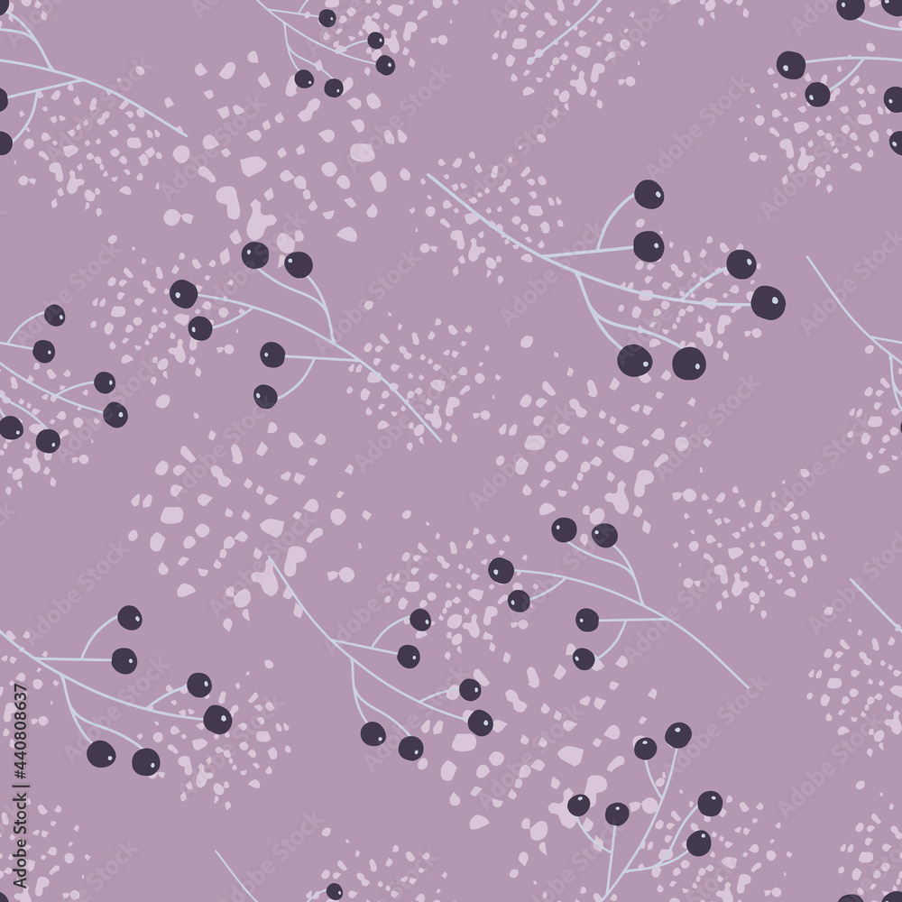 Abstract botany seamless pattern with random simple berry print. Background with splashes. Purple colors.