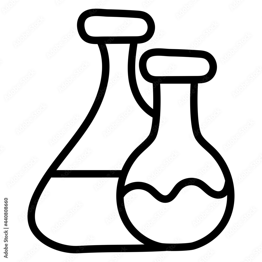 Chemical flasks icon in linear design, experiment concept vector Chemical flasks icon in linear design, experiment concept vector