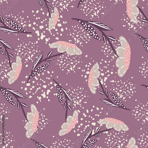 Decorative seamless pattern with botanic random field flowers ornament. Purple background with splashes.