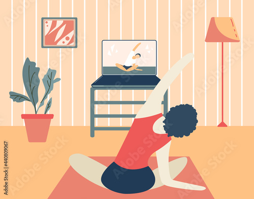Girl exercising at home and watching online tutorials on laptop. Modern illustration of a woman doing yoga in the living room. Pilates online class, course, quarantine. Illustration for web platform