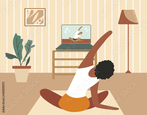 Girl exercising at home and watching online tutorials on laptop. Modern illustration of a woman doing yoga in the living room. Pilates online class, course, quarantine. Illustration for web platform