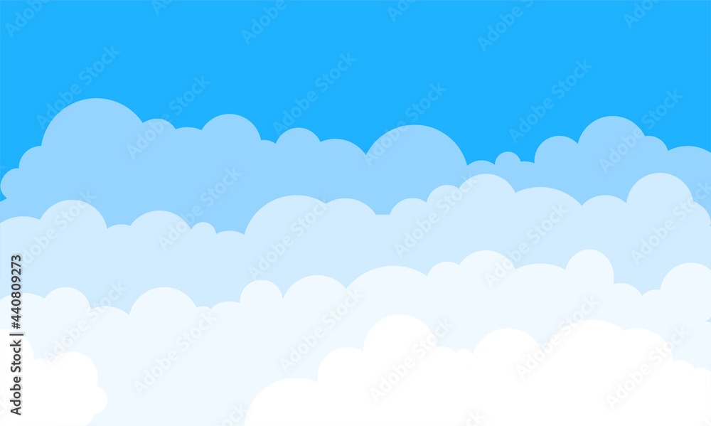 
Clouds in the sky. Vector background. Bright design for poster, cover, banner in cartoon style. White cloud. Beautiful, summer, landscape. Nature, air atmosphere. Isolated illustration