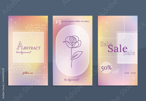 Editable social media frames, story templates. Gradient Aesthetic, elegant background. Futuristic vibe Layout for business:  new, sale, shop, follow. For fashion shops, brand, online coach. Set of 3