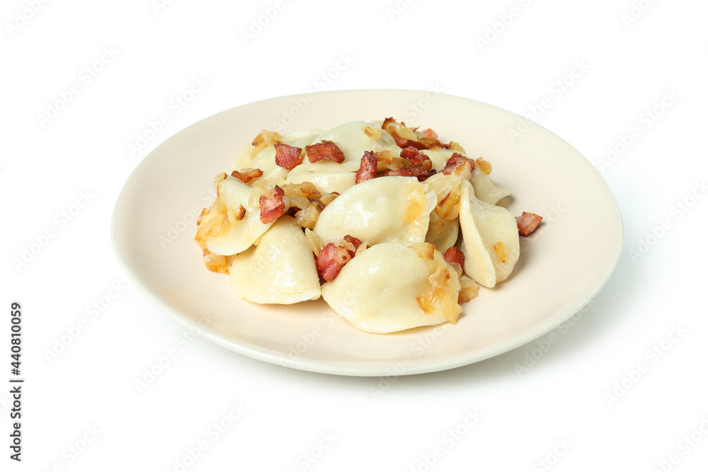 Plate with vareniki or pierogi isolated on white background Plate with vareniki or pierogi isolated on white background