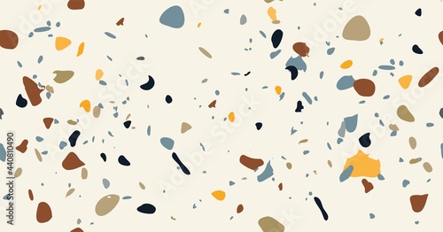 Terrazzo vector seamless pattern. Texture of Italian floor with chips of marble, quartz, granite, glass. Modern background design in natural colors.