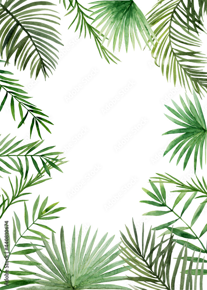 Tropical leaves card template. Green palm jungle florals. Watercolor free-hand illustration for card, wedding invitation, banner, event flyer, poster, presentation, menu, lifestyle