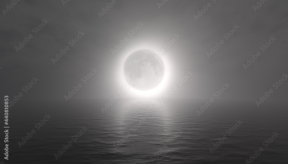 Rendered 3D Hazy Moon Eclipse Over Ocean Background