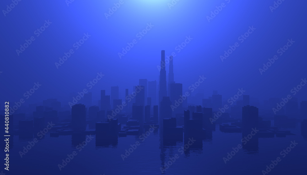 Blue Surreal 3D Illustration Cityscape Flooded with Water In Hazy Fog Background