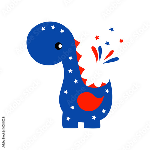 Dinosaur Independence day patriotic illustrations. Cute vector prints for 4th of July. Independence day design elements in the colors of the US national flag. Baby, kids design