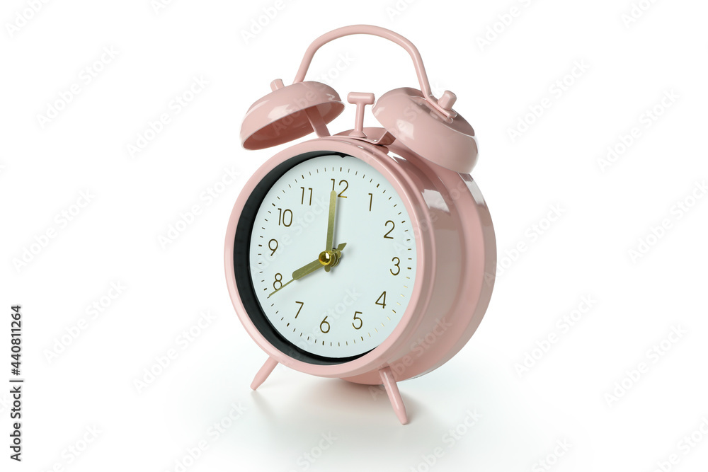 Pink alarm clock isolated on white background Pink alarm clock isolated on white background