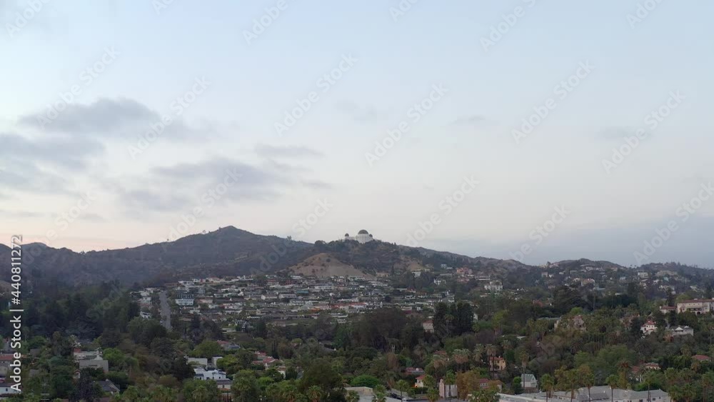 Aerial, spectacular view of the Griffith Observatory Park and the mountains, drone view Aerial, spectacular view of the Griffith Observatory Park and the mountains, drone view