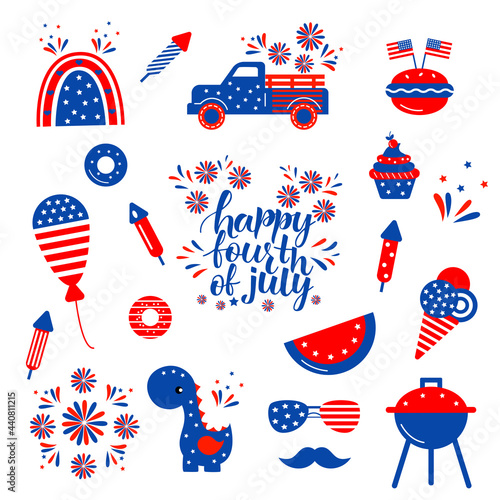  Independence day patriotic illustrations set. Cute vector prints for 4th of July. Independence day design elements in the colors of the US national flag.
