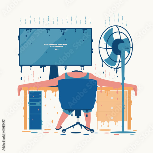 A person working in a warm place at a computer using a fan at home or in the office. Vector illustration.