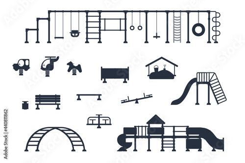 Kids playground. Set of black icons of playing equipment elements. City park concept. Vector illustration