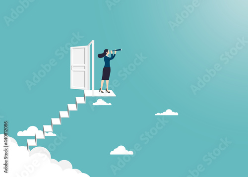 Businesswoman holding telescope standing on to the ladder open the door up go to success in career