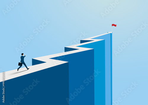 Businessman running to the success on top of the arrow mountain