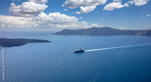 Ferry boat with destination Greek cyclades, Santorini island, Cyclades, Greece. © Rawf8