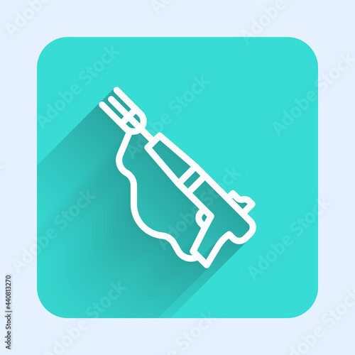 White line Fishing harpoon icon isolated with long shadow. Fishery manufacturers for catching fish under water. Diving underwater equipment. Green square button. Vector