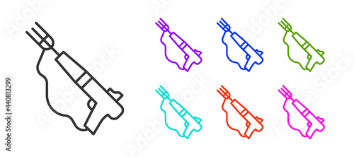 Black line Fishing harpoon icon isolated on white background. Fishery manufacturers for catching fish under water. Diving underwater equipment. Set icons colorful. Vector