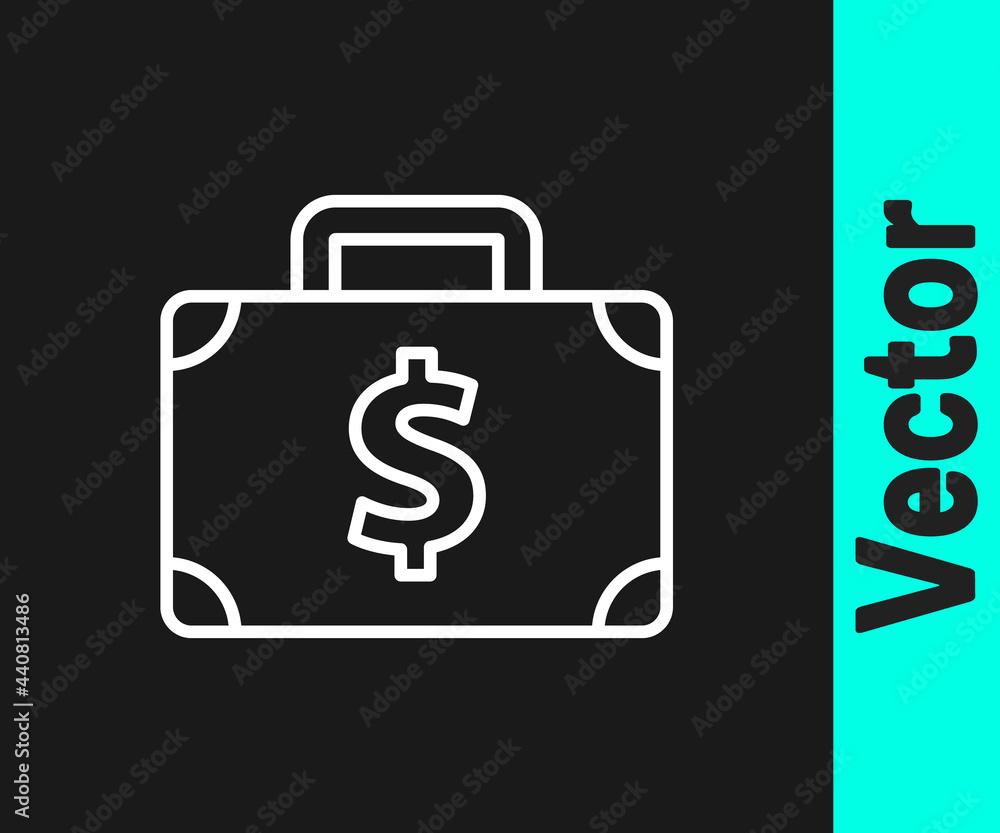 White line Briefcase and money icon isolated on black background. Business case sign. Business portfolio. Vector White line Briefcase and money icon isolated on black background. Business case sign. Business portfolio. Vector