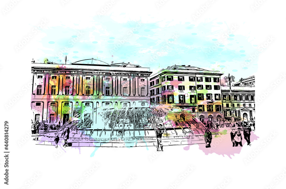 Building view with landmark of Genoa is the
city in Italy. Watercolor splash with hand drawn sketch illustration in vector.