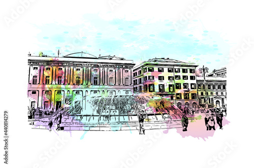 Building view with landmark of Genoa is the 
city in Italy. Watercolor splash with hand drawn sketch illustration in vector.