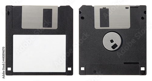 Black floppy disk, front and back with blank label isolated on white background, clipping path photo