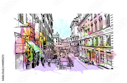 Building view with landmark of Genoa is the 
city in Italy. Watercolor splash with hand drawn sketch illustration in vector.