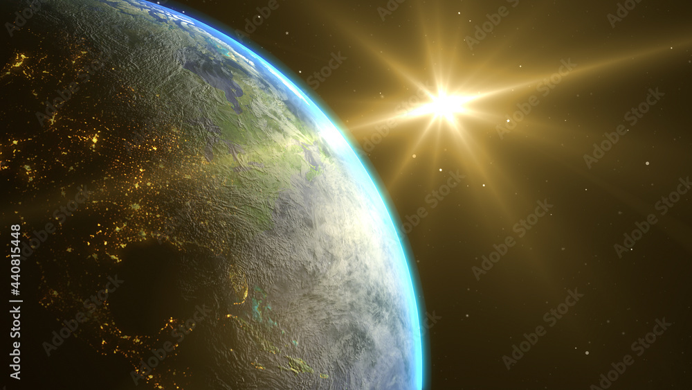 Sunrise and shadow on the earth rotate in space with star in universe. World realistic atmosphere 3D volumetric clouds texture surface.  Elements of this image are furnished by NASA
