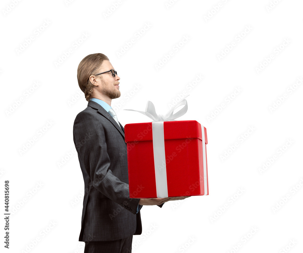 deliverer courier hold in hands cardboard red box with gift deliverer courier hold in hands cardboard red box with gift