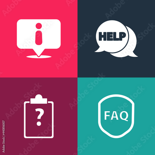 Set pop art Shield with text FAQ, Clipboard question marks, Speech bubble Help and Information icon. Vector