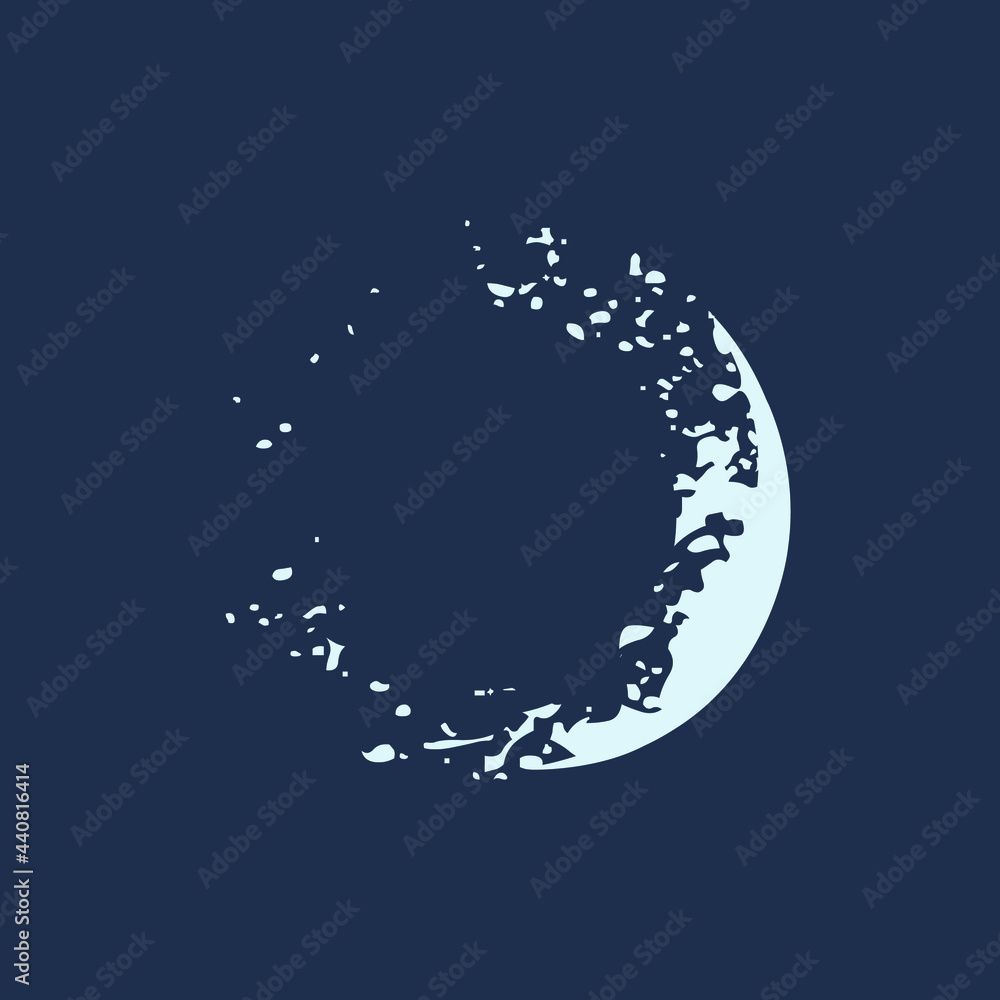 Moon logo.Modern, splash style icon isolated on dark sky background.Paint texture shapes.Abstract astral design concept.Blue color. Moon logo.Modern, splash style icon isolated on dark sky background.Paint texture shapes.Abstract astral design concept.Blue color.
