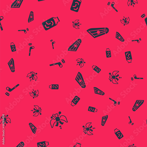 Set National emblem of Russia, Pickled cucumbers in jar, Ice hockey stick and puck and Kankles on seamless pattern. Vector