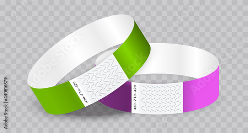 Empty paper or tyvek bracelet or wristband. Sticky hand entrance event paper bracelet isolated on a transparent background.