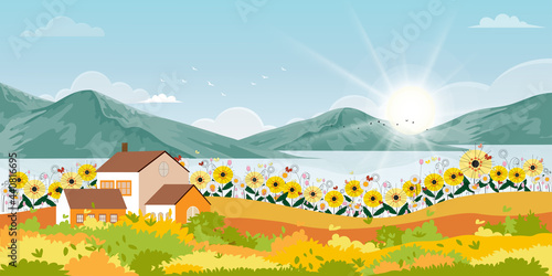 Autumn background with Natural forest landscape with sunrise behind mountain sunflower blooming and lawn grass field and hills,Vector nature with lake ad blue sky on sunny day in fall season