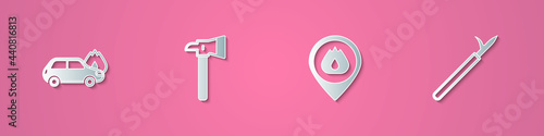 Set paper cut Burning car, Firefighter axe, Location with fire flame and Metal pike pole icon. Paper art style. Vector
