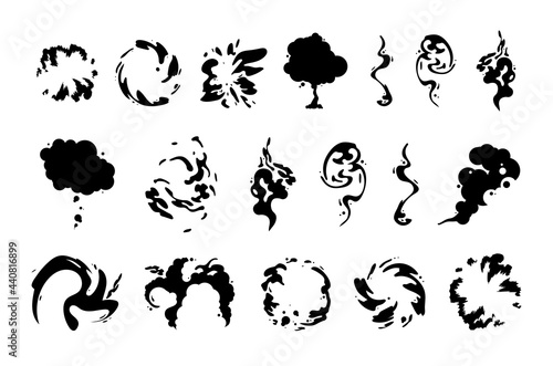 Special Effects Template Vector Smoke Set. Cartoon steam clouds, puff, mist, fog, watery vapour or dust explosion. For digital animation.