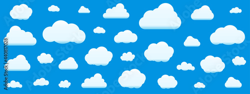 Set of Clouds Isolated on Sky Background. Seamless Pattern. Collection of clouds for Web, Poster, Placard, Wallpaper. Creative Modern Concept. Vector illustration.