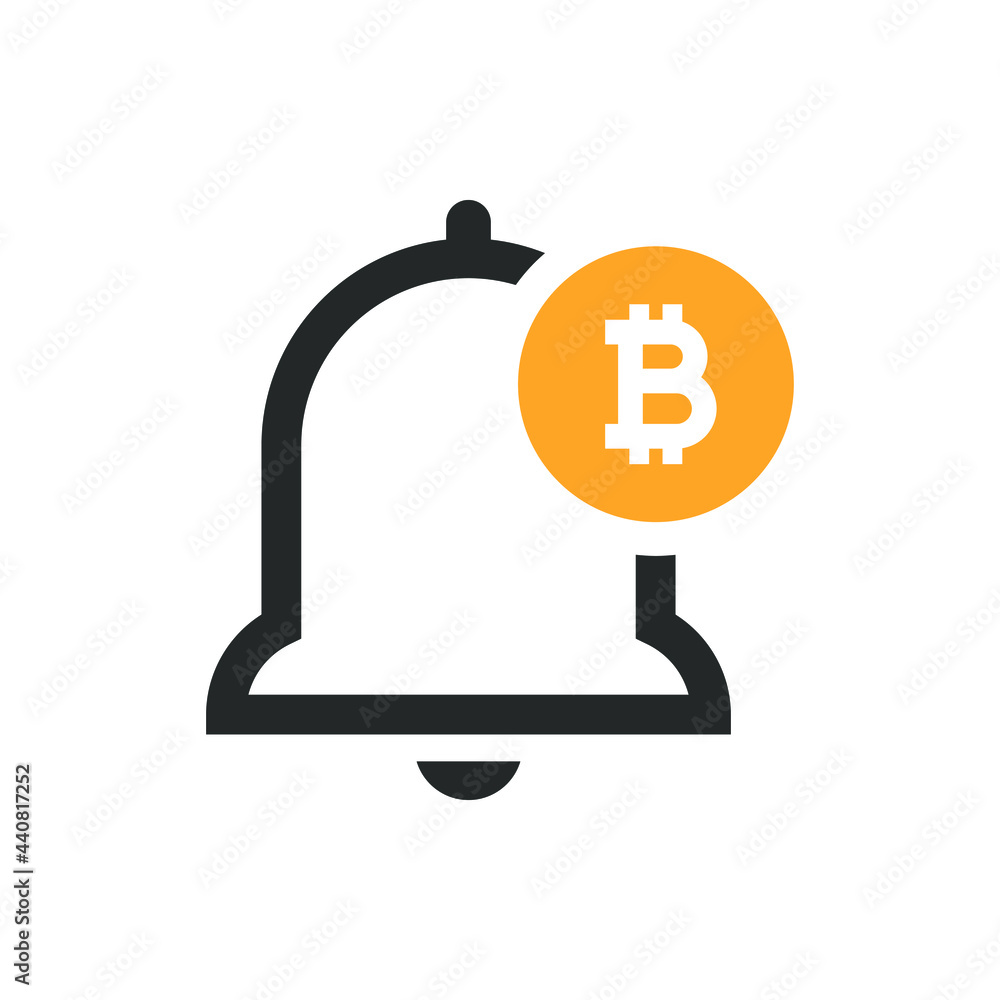 Money notification icon. Bitcoin currency sign with bell flat style isolated on white background. Vector illustration Money notification icon. Bitcoin currency sign with bell flat style isolated on white background. Vector illustration