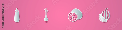 Set paper cut Eggplant, Fresh green onions, Kiwi fruit and Watermelon icon. Paper art style. Vector