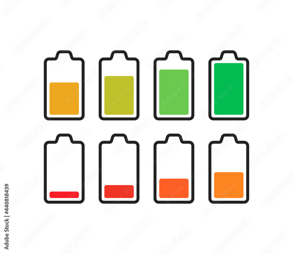 Battery icons set. Battery charging charge indicator icon. level battery energy. Alkaline battery capacity charge icon. Vector. Battery icons set. Battery charging charge indicator icon. level battery energy. Alkaline battery capacity charge icon. Vector.