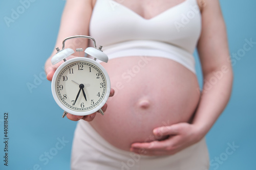 Alarm clock in the hands of a pregnant woman, studio photo on a blue background