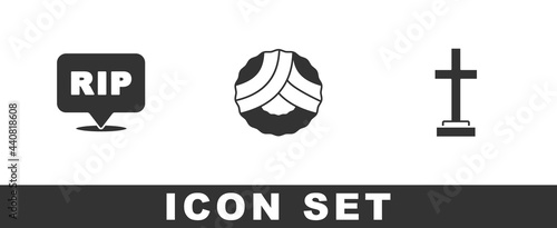 Set Speech bubble rip death, Memorial wreath and Grave with cross icon. Vector