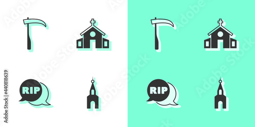 Set Church building, Scythe, Speech bubble rip death and icon. Vector