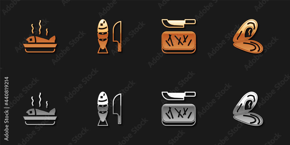 Set Served fish on a plate, Fish with sliced pieces, Cutting board and knife and Mussel icon. Vector