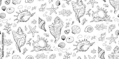 Fotografie, Tablou Seamless pattern with seashells, corals and starfishes
