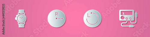 Set paper cut Wrist watch, Radius, and Multimeter, voltmeter icon. Paper art style. Vector