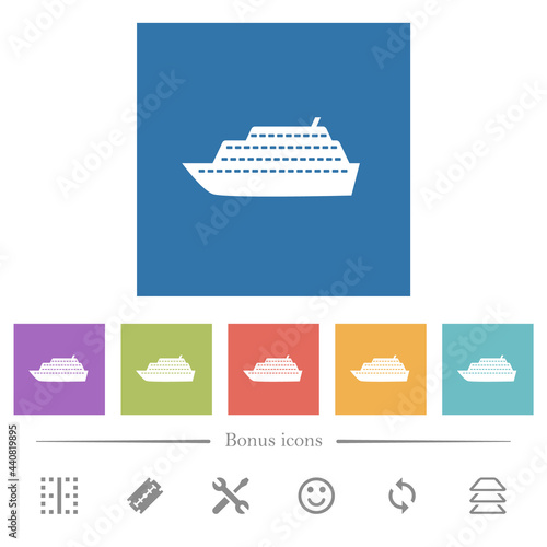 Cruise ship flat white icons in square backgrounds