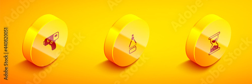 Set Isometric Digital thermometer, Drawing compass and Old hourglass with sand icon. Vector